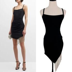 NWT SHO Tadashi Shoji Crystal Fringe Trim Dress Black Ruched Cocktail Size XS
